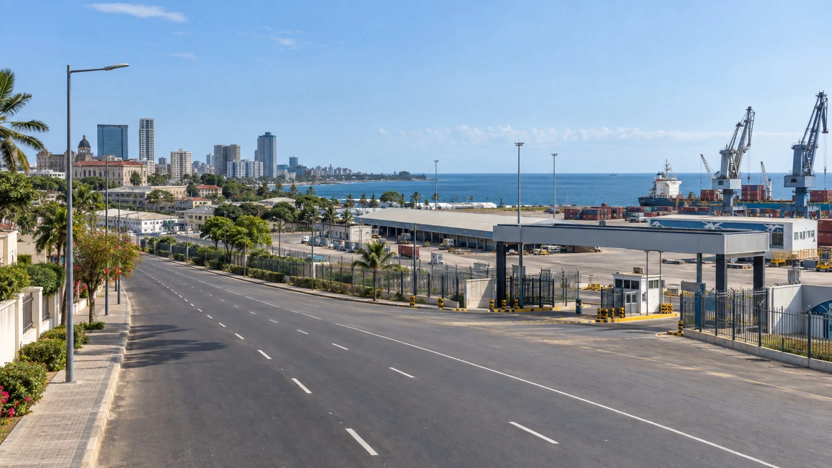 Maputo port approach road with cargo cranes and the coastal city beyond