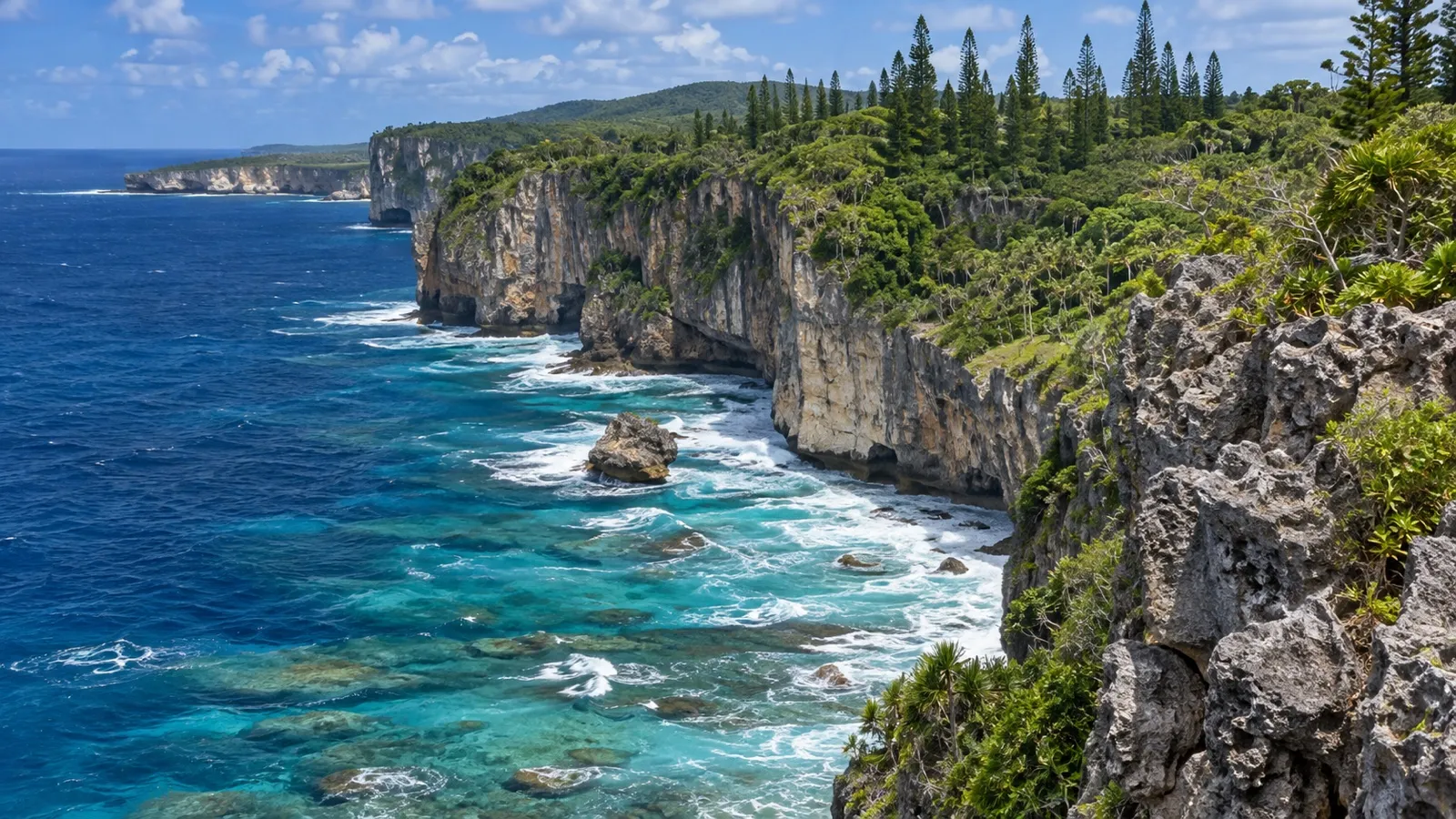 Uplifted limestone coastal scenery on Maré island