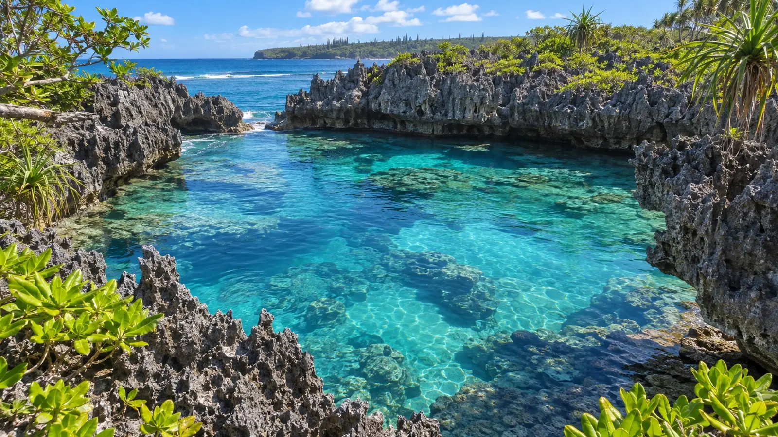Clear rock pool at the Natural Aquarium on Maré