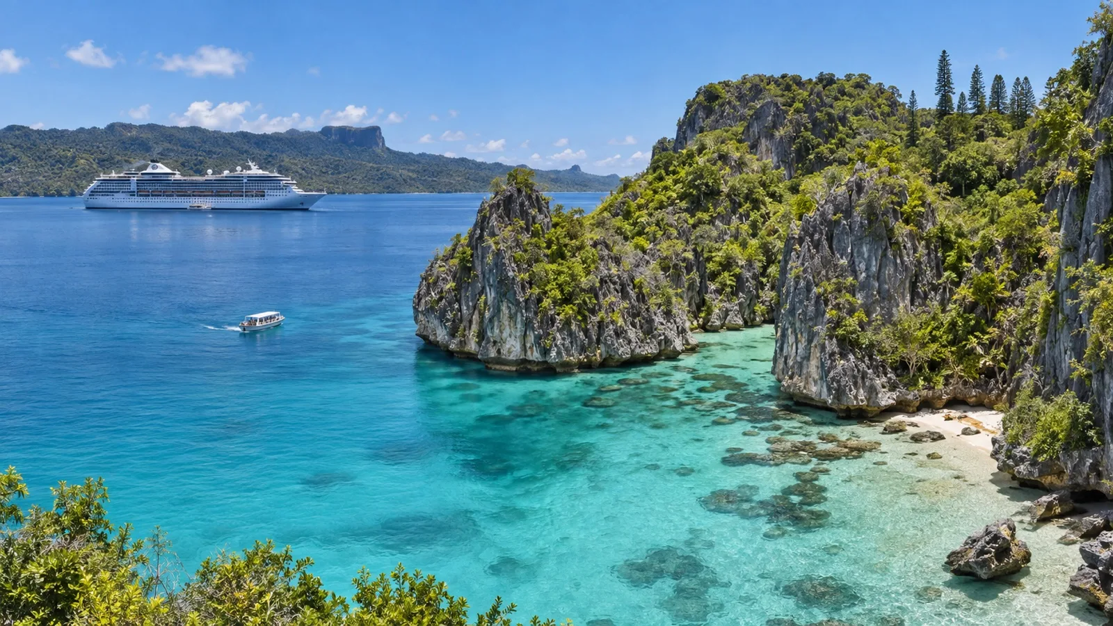 Cruise ship tender offshore from Maré island in New Caledonia
