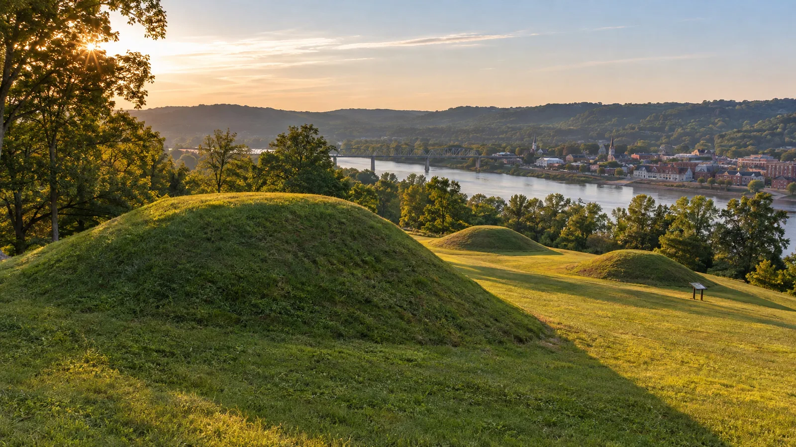 View of Mound Cemetery and ancient earthworks near Marietta, Ohio