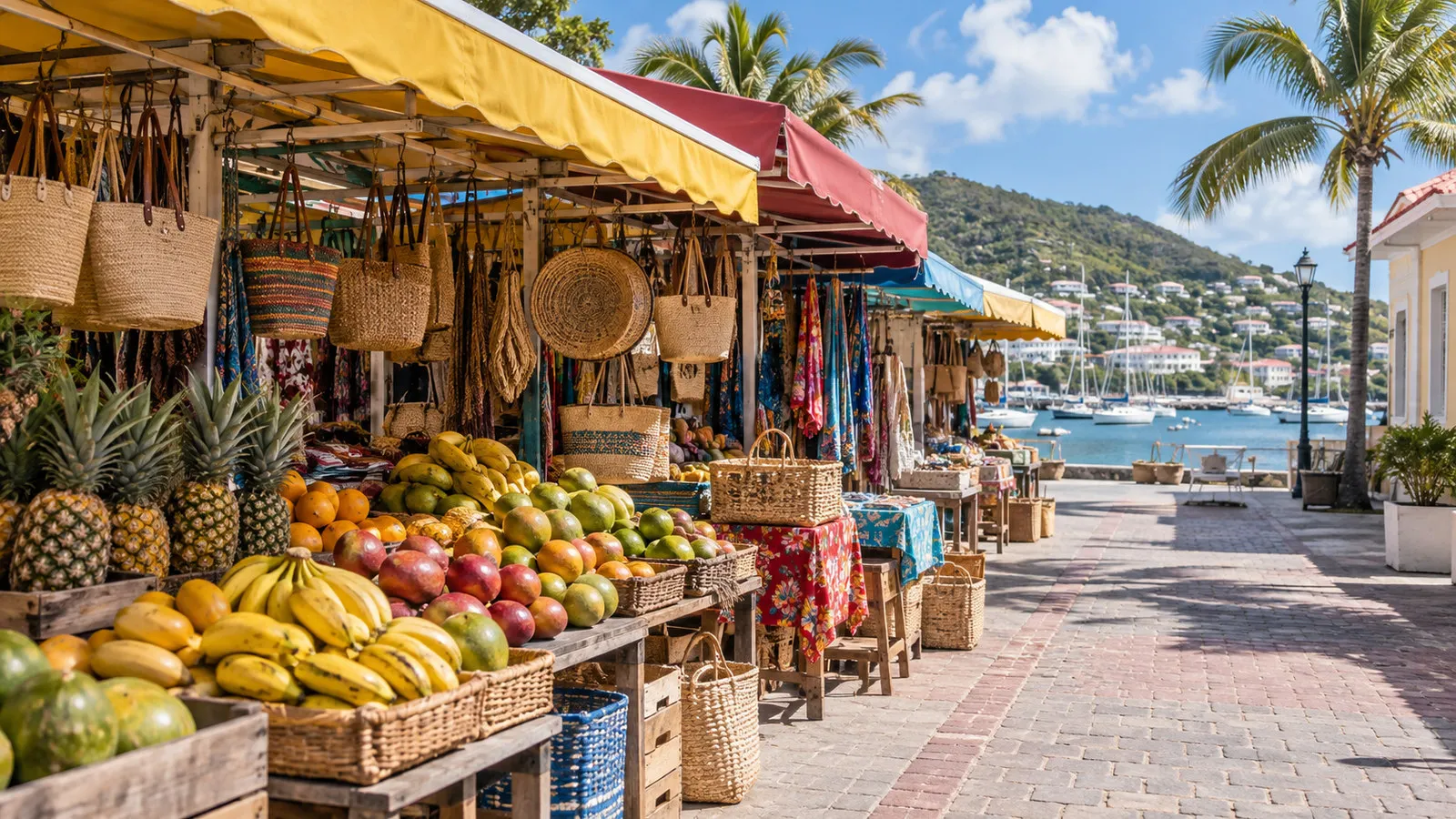 Marigot Saint Martin open-air market stalls with colorful tropical fruit, woven baskets and awnings, no vendors or shoppers