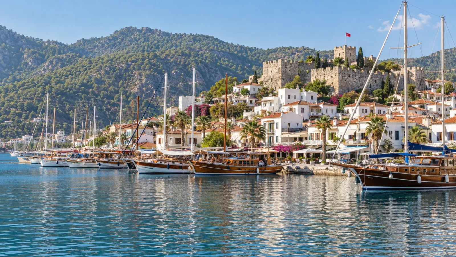 Wooden gulets in Marmaris marina beside old town