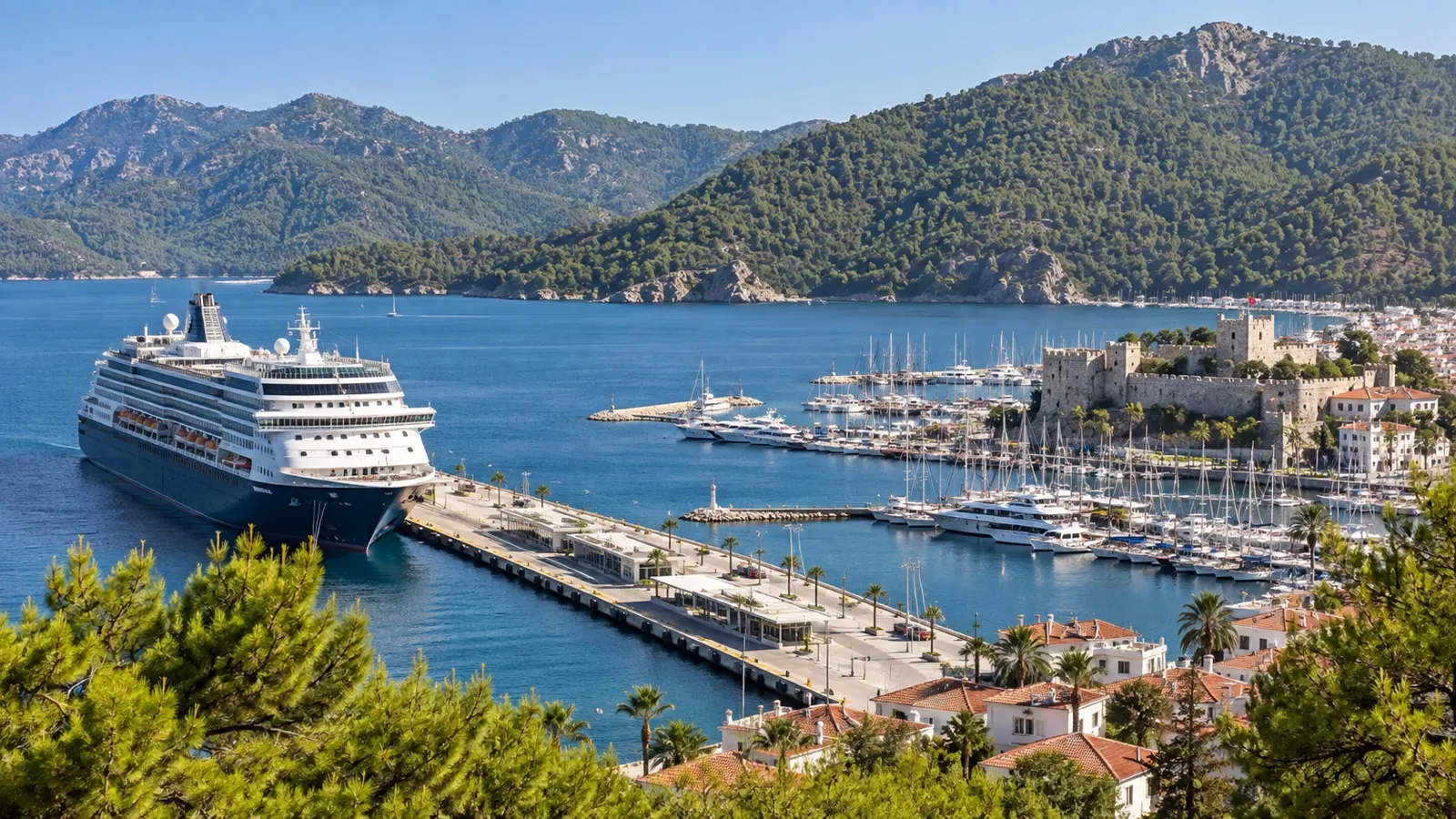 Cruise ship at Marmaris passenger terminal beneath pine-covered hills