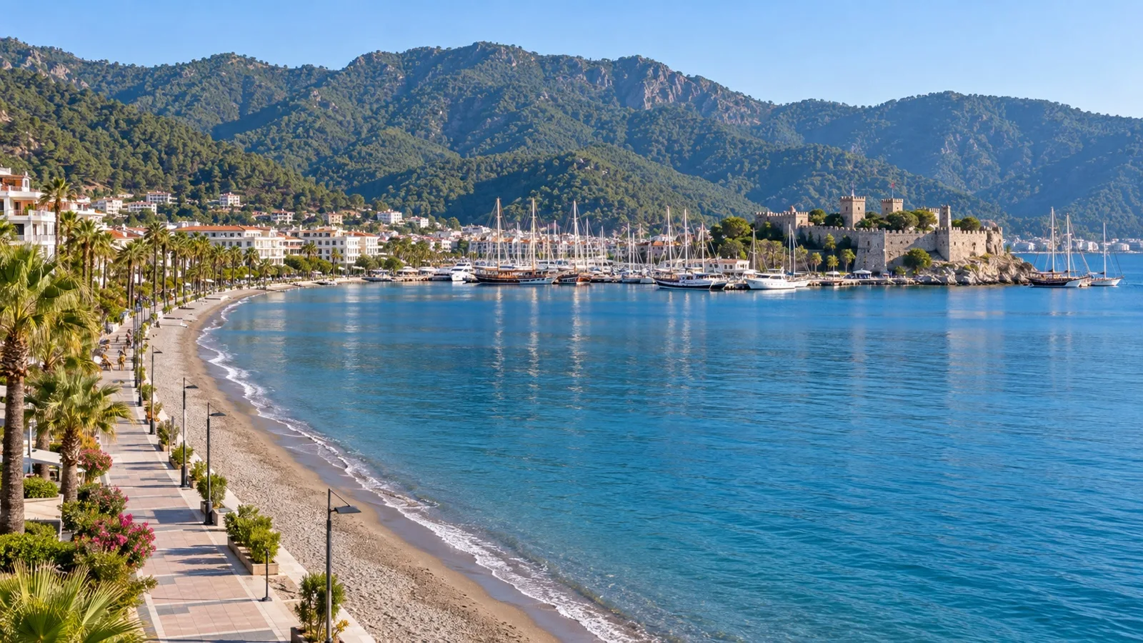 Seafront promenade and beach along Marmaris bay