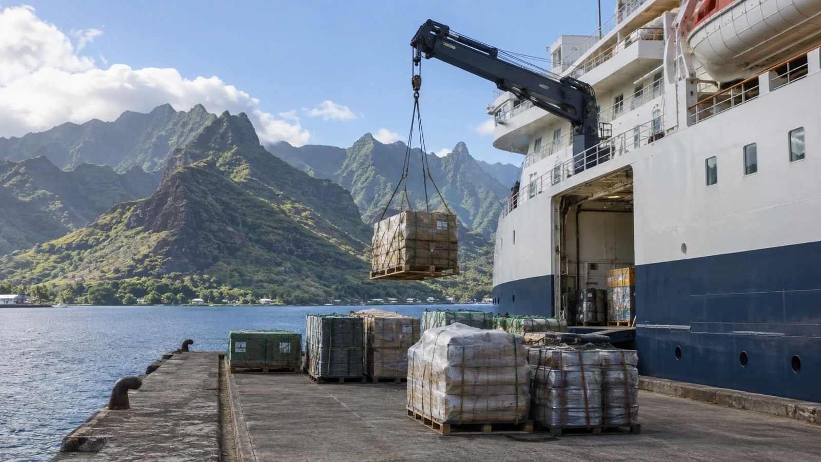 Cargo unloaded from passenger ship at island quay
