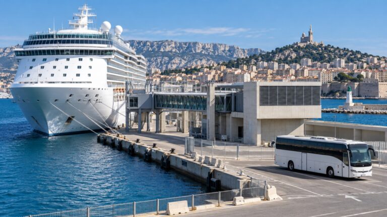 Marseille cruise terminal with an empty excursion coach beside the ship