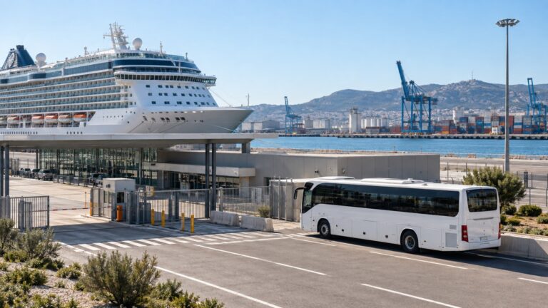 Shuttle bus outside Marseille’s outer cruise terminal beside a docked ship