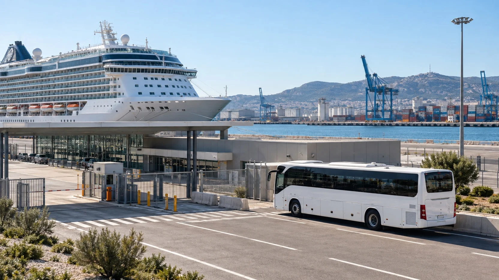 Shuttle bus outside Marseille’s outer cruise terminal beside a docked ship