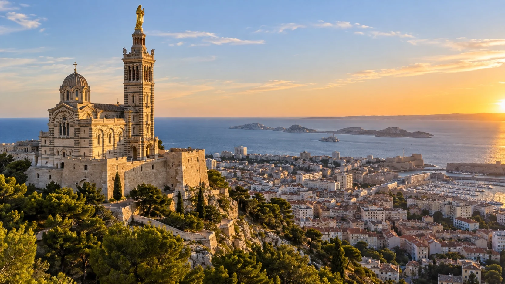 Notre-Dame de la Garde basilica overlooking Marseille and the sea