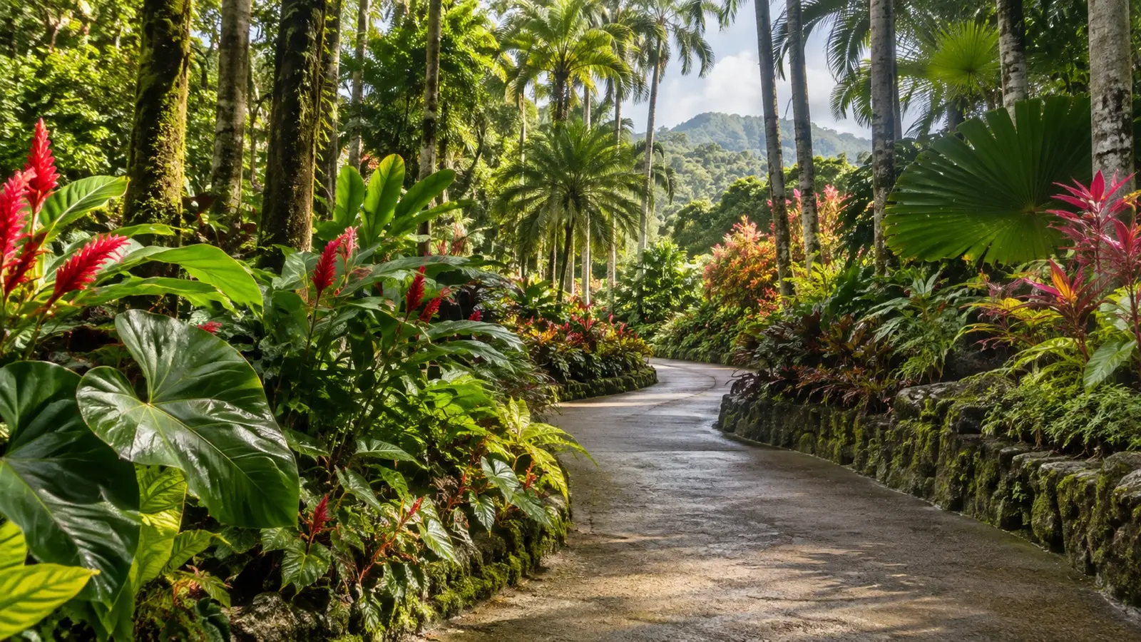 Lush palms and flowering tropical plants along an empty path in Jardin de Balata