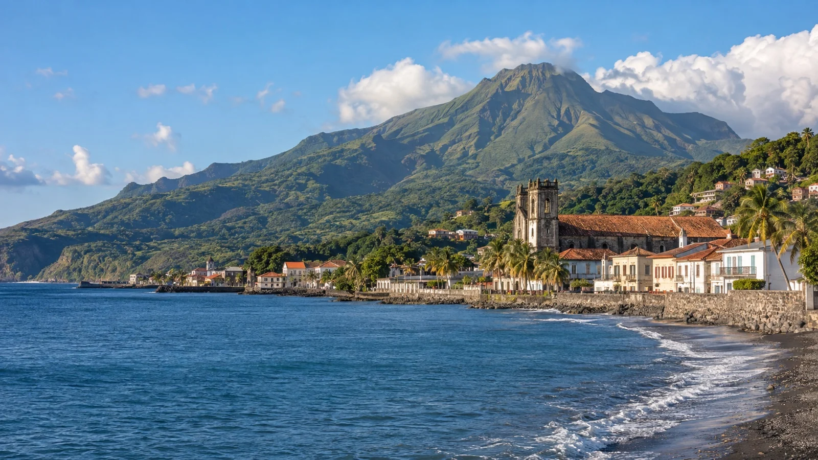 Saint-Pierre waterfront with Mount Pelée rising behind it in northern Martinique