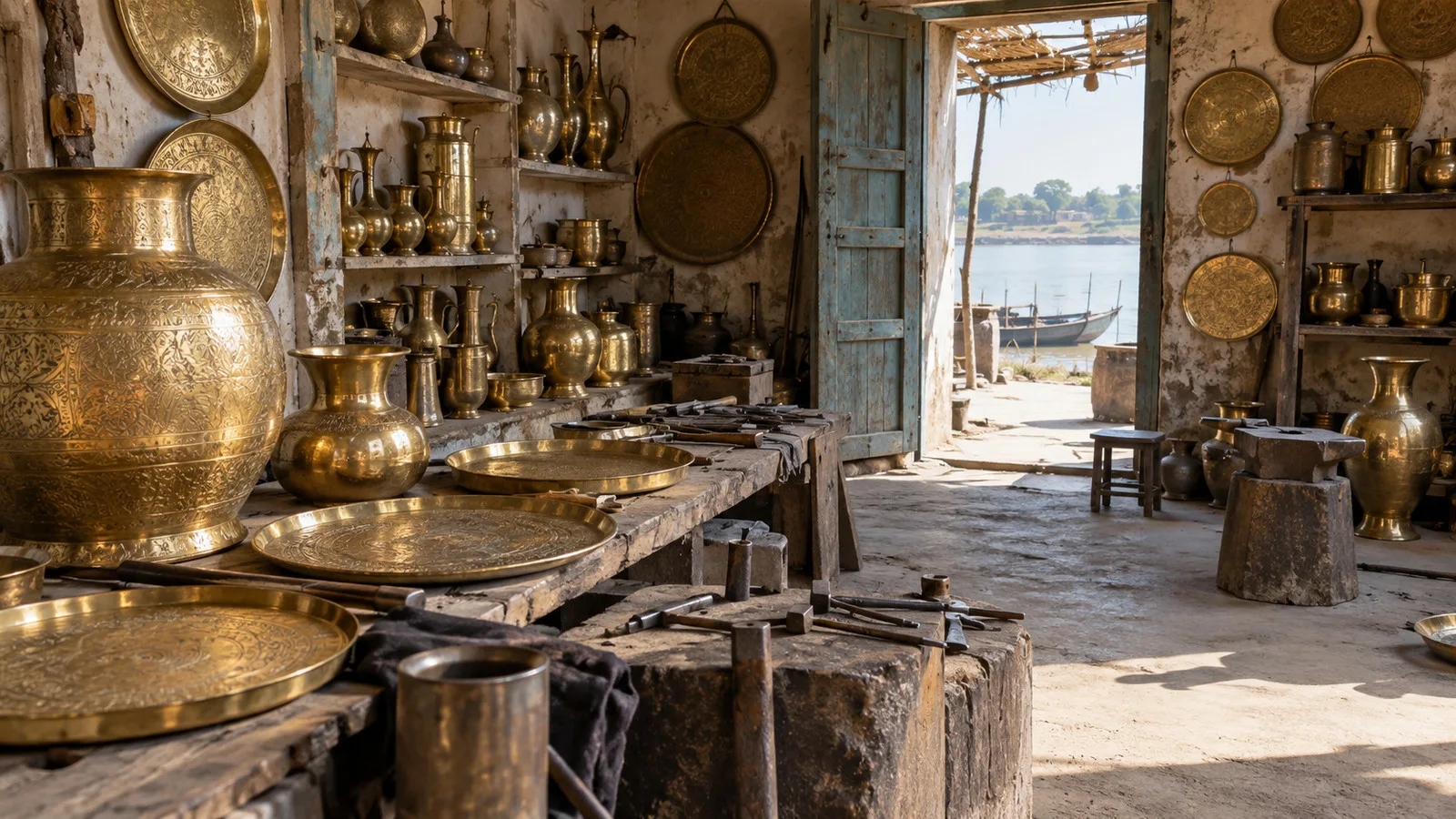 Brass utensils in a traditional Matiari workshop without people