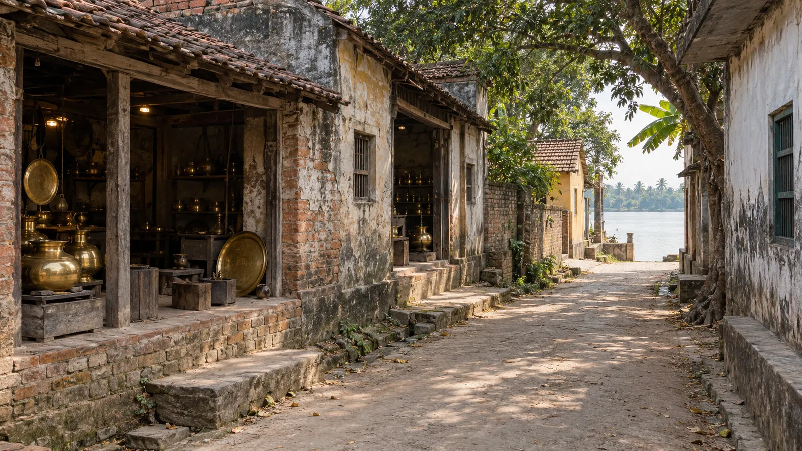 Quiet village lane and traditional workshop buildings in Matiari