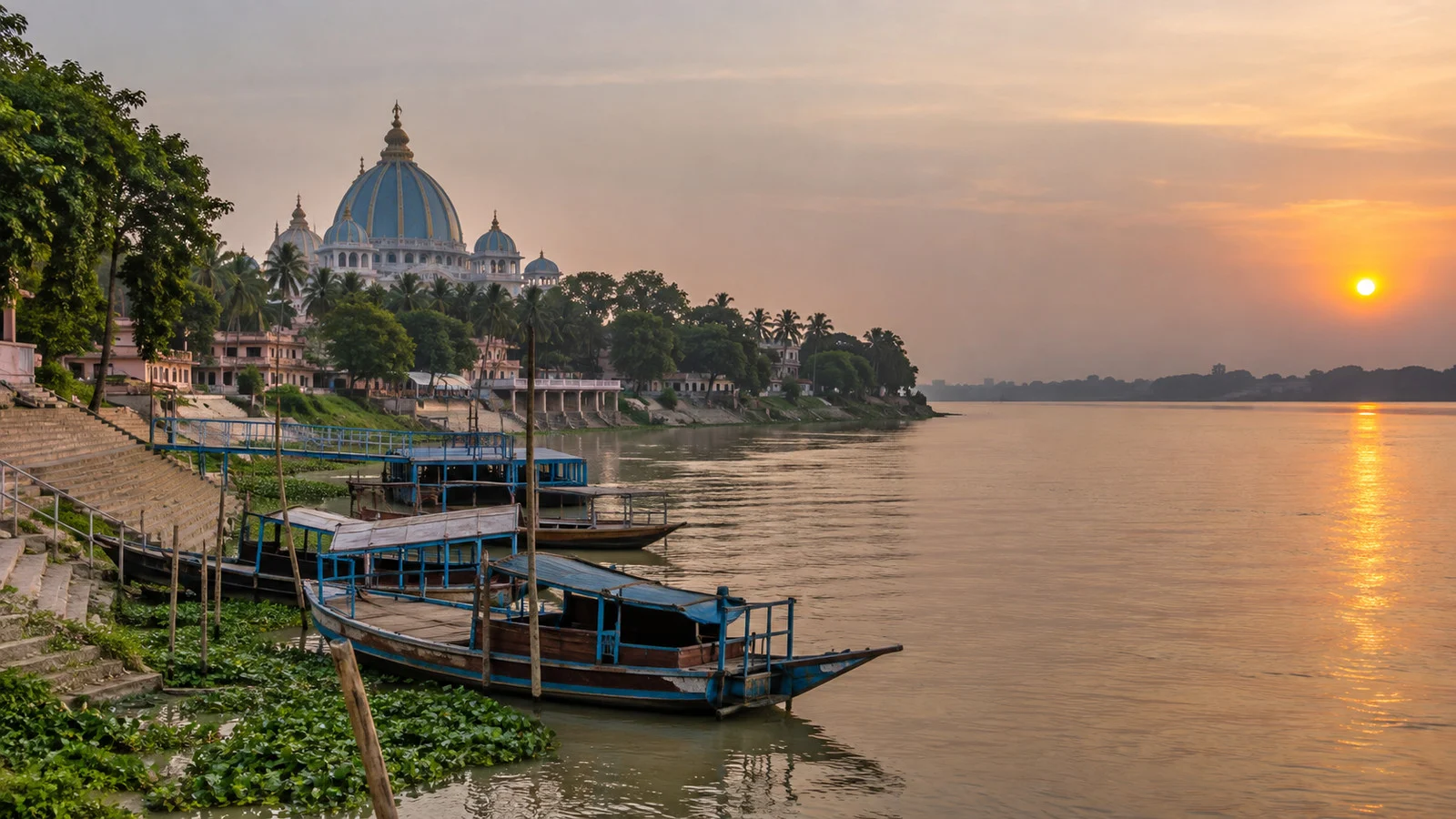 Mayapur riverbank and boats on the Ganges