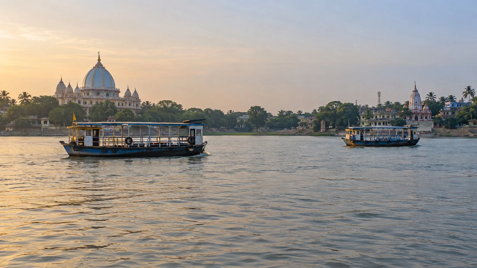 Small ferry boats crossing the Ganges between Mayapur and Nabadwip