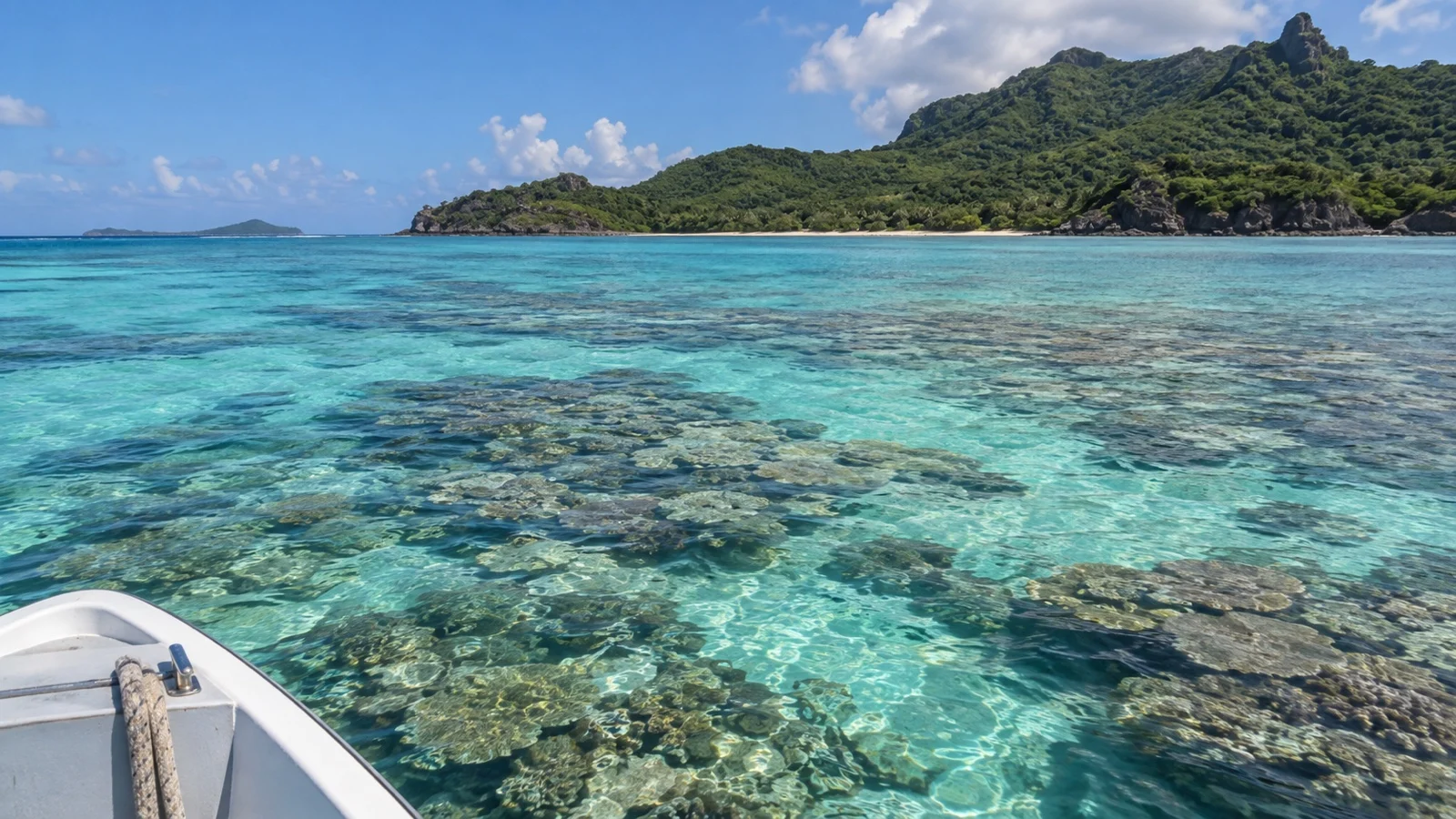 Shallow coral reef and clear turquoise water in Mayotte lagoon