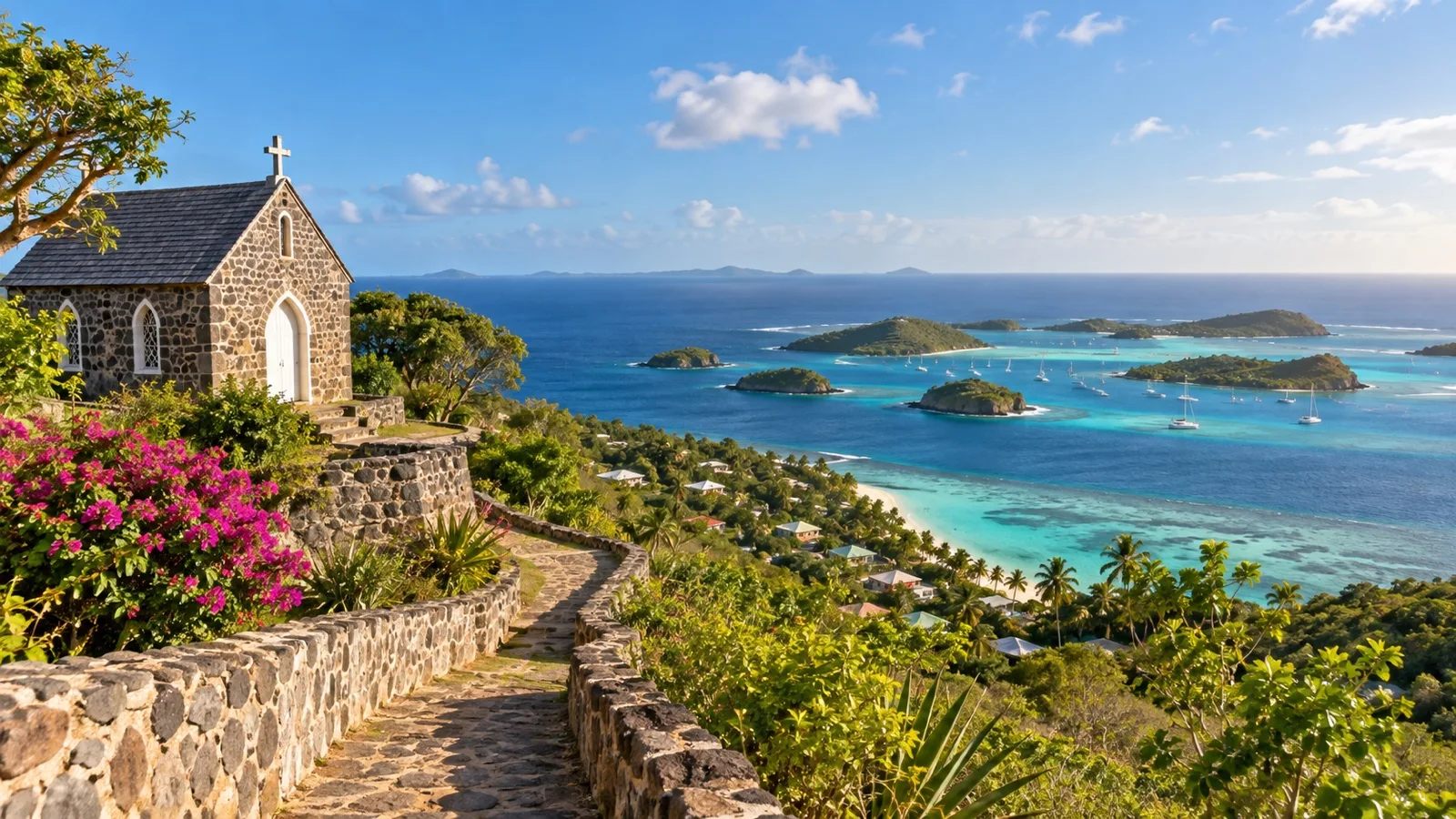 Small church and Tobago Cays view from Mayreau’s Old Wall village