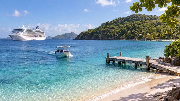 Tender boat approaching Mayreau’s Saline Bay from a cruise ship