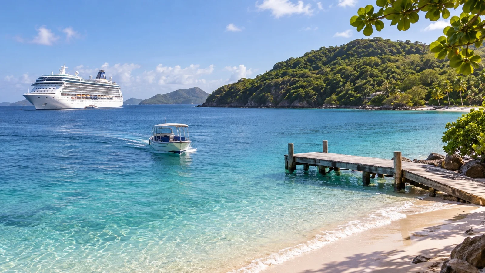 Tender boat approaching Mayreau’s Saline Bay from a cruise ship