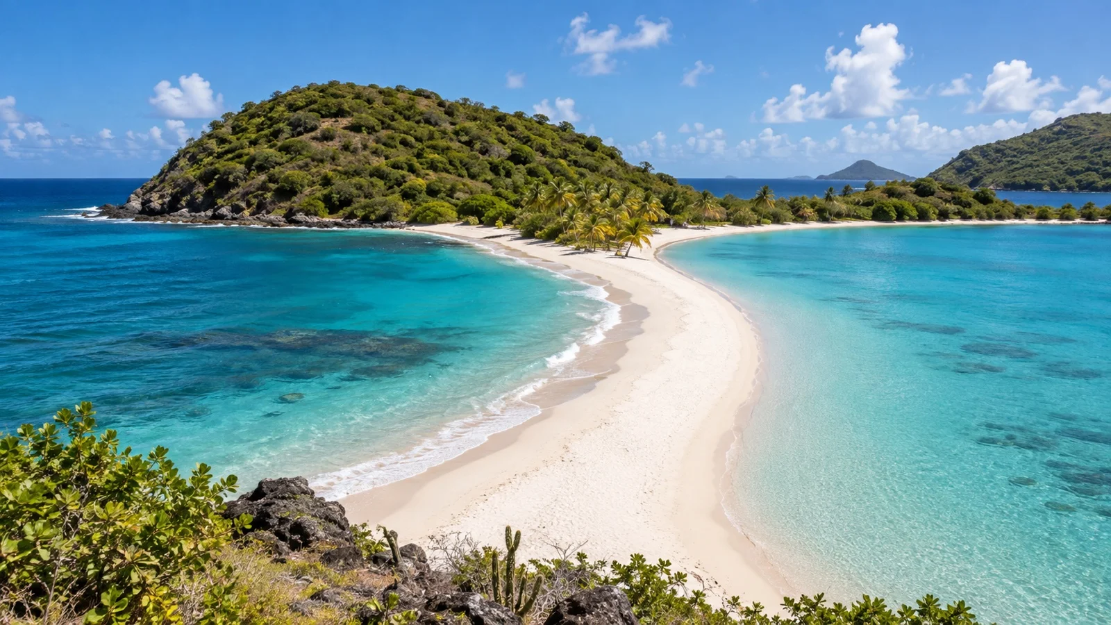 Curved white sand and turquoise lagoon at Saltwhistle Bay on Mayreau