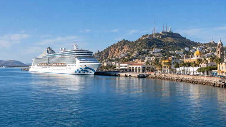 A cruise ship docked at Mazatlán's Pacific waterfront