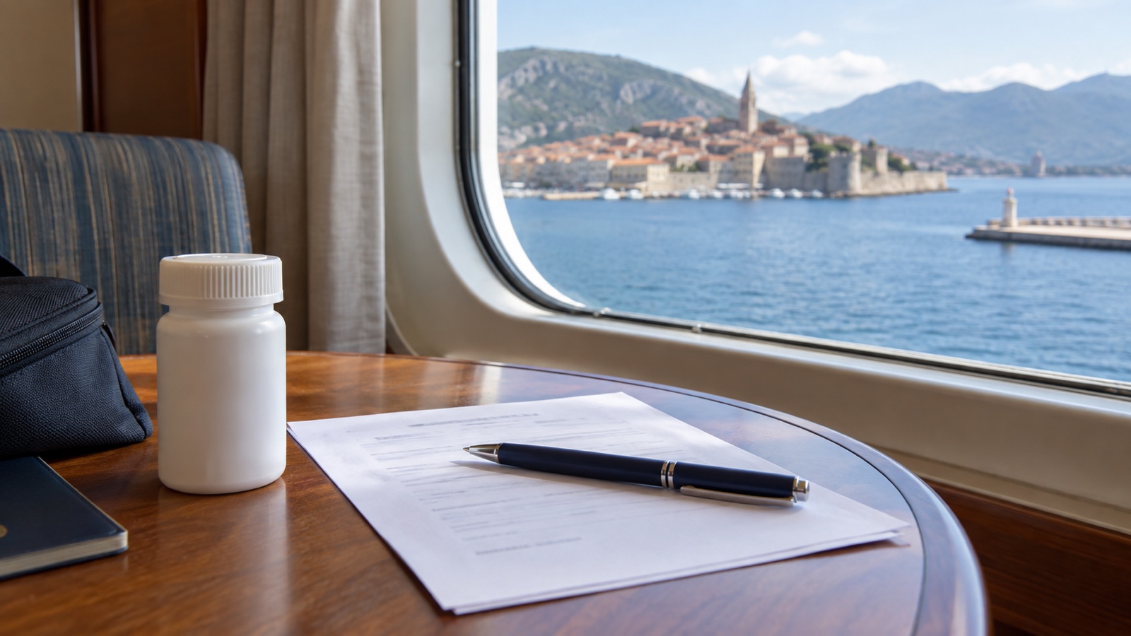 Unbranded prescription container and doctor letter on cabin table, no readable text