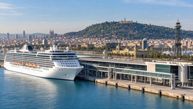 Cruise ship at Barcelona’s waterfront terminal below Montjuïc