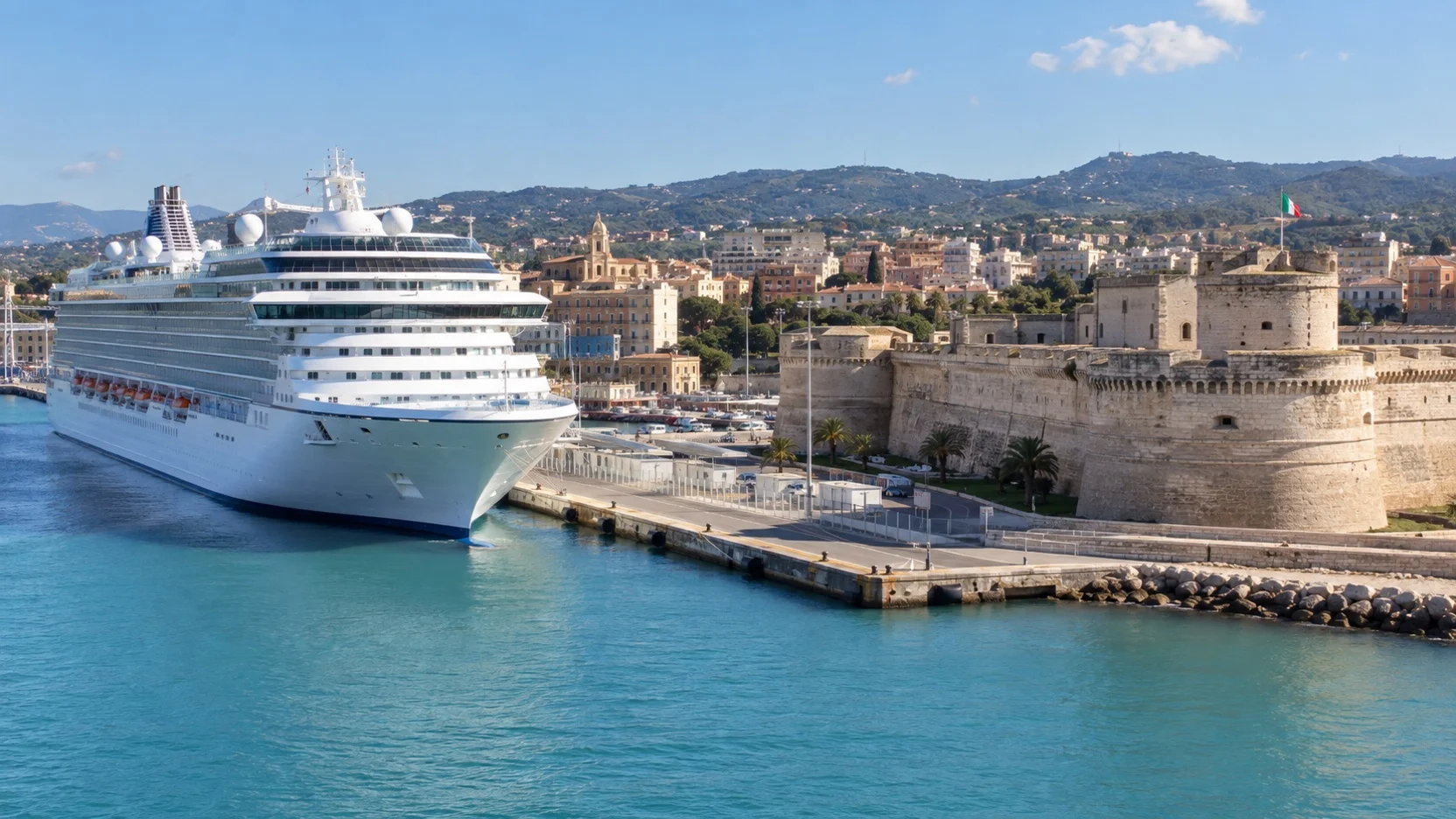Cruise ship in Civitavecchia harbor near Forte Michelangelo