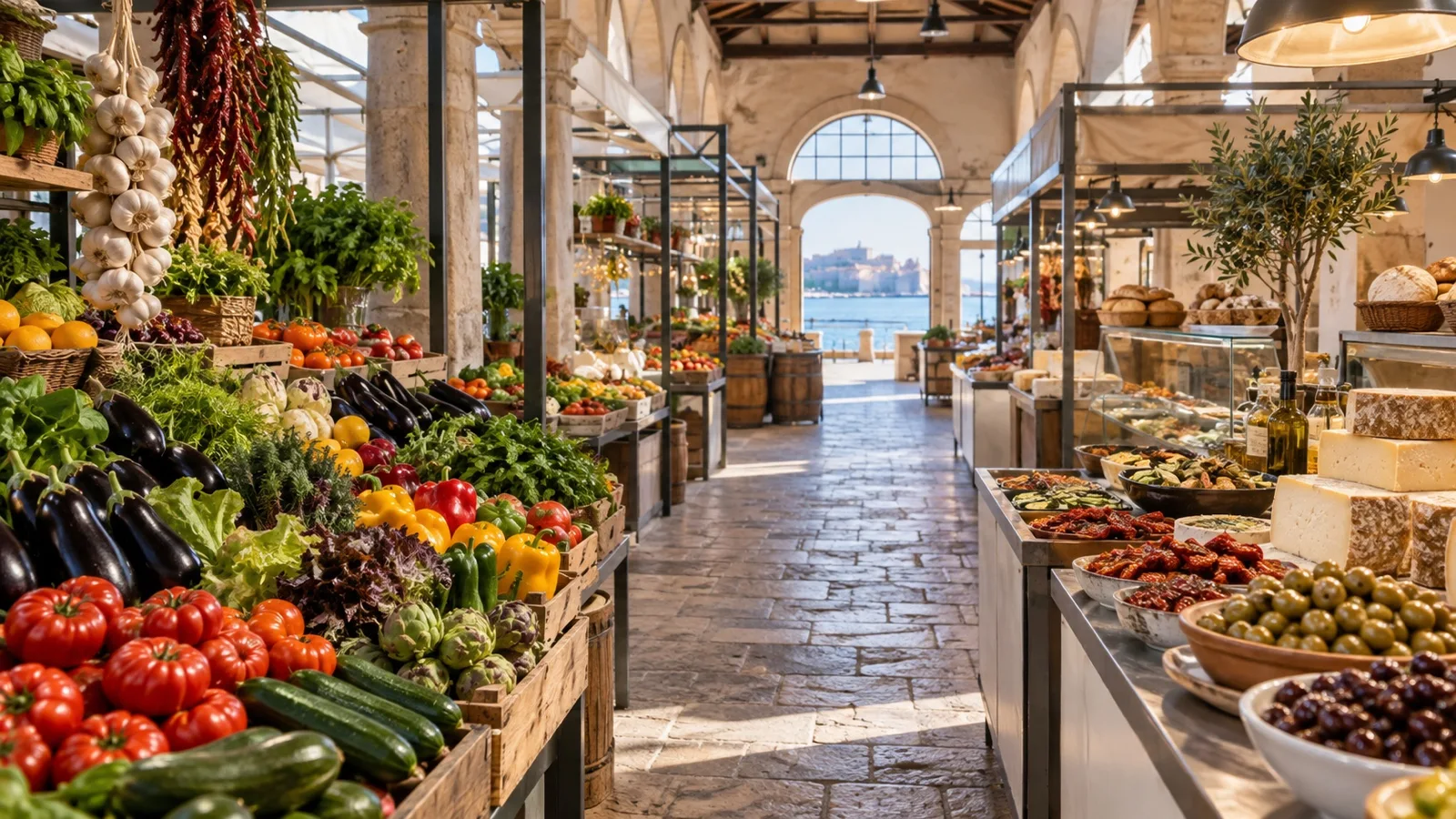 Fresh produce and prepared food stalls in empty Mediterranean market hall