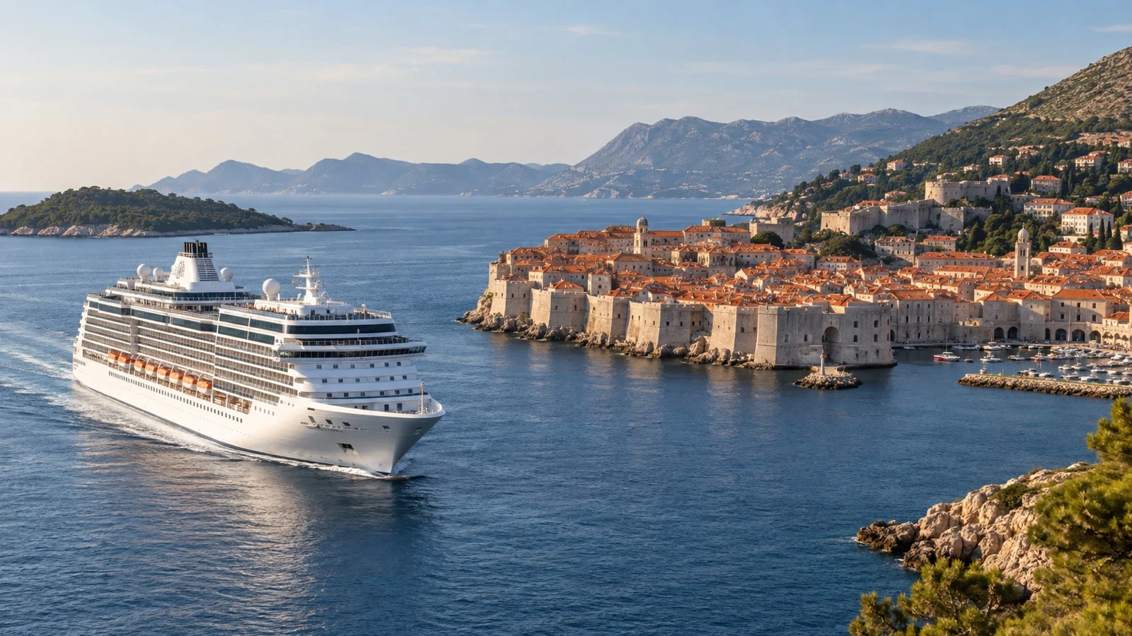 Cruise ship approaching a Mediterranean coastal port