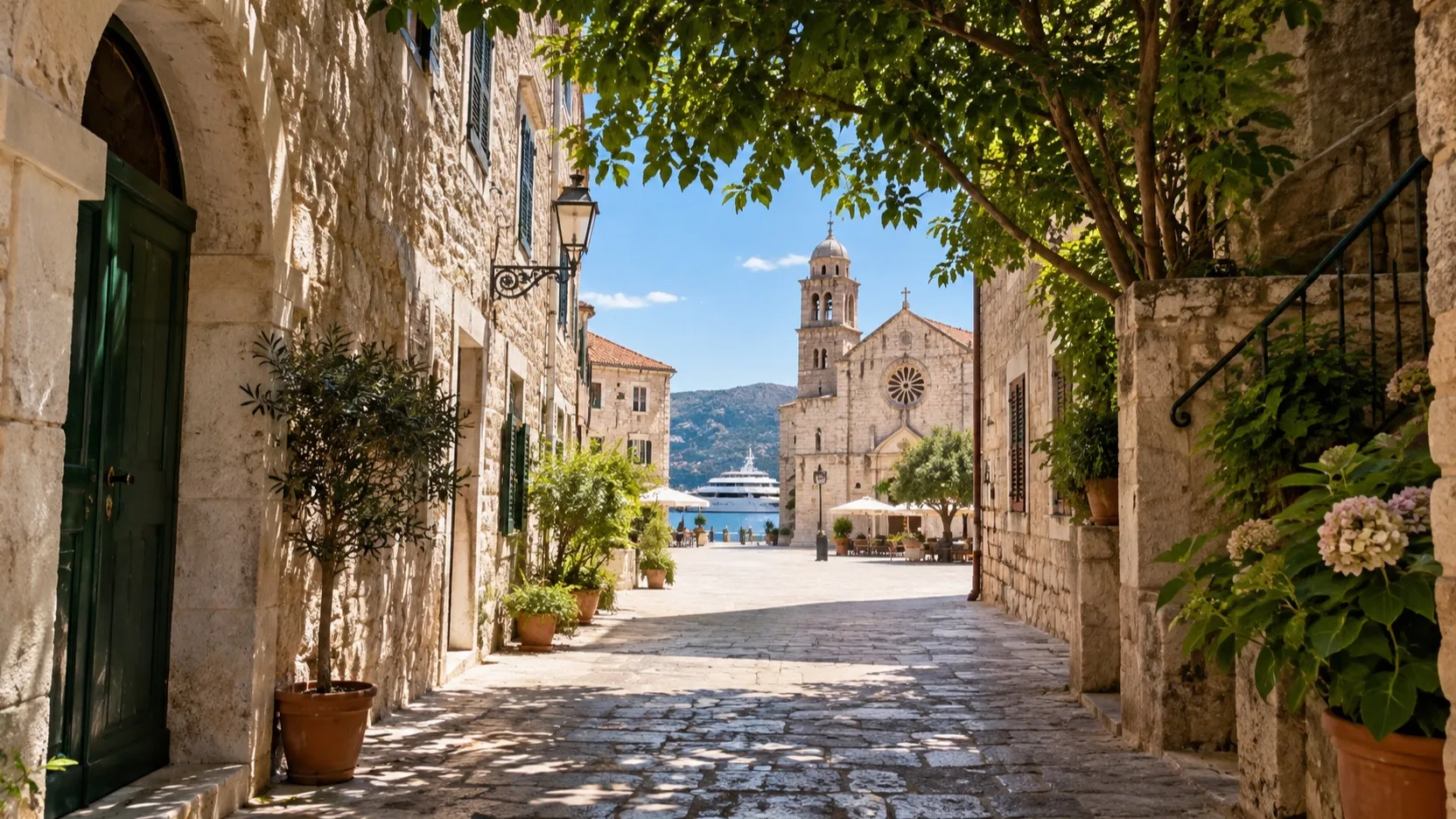 Shaded old town walking route from a cruise waterfront