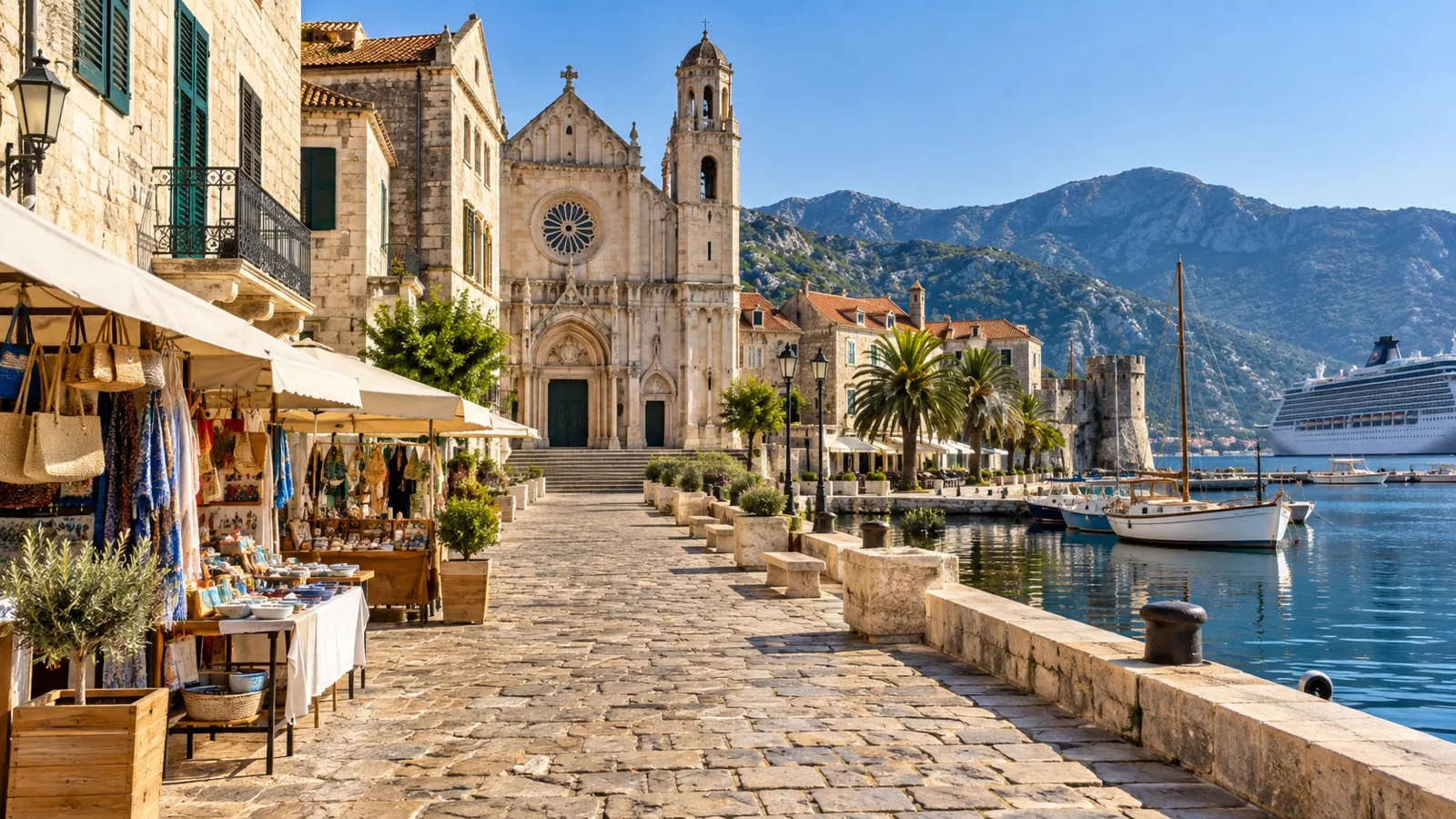 Walkable Mediterranean old town with a cathedral, market stalls and waterfront promenade