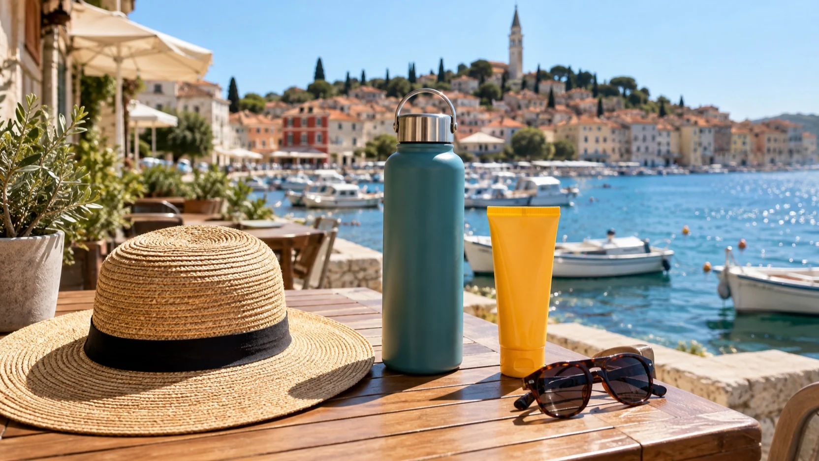 Water bottle, sun hat and sunscreen beside a Mediterranean harbor