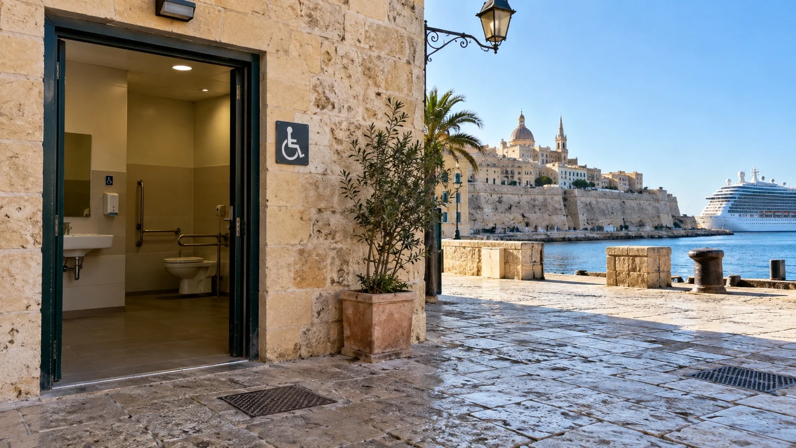 Empty accessible public restroom entrance near an old Mediterranean port street