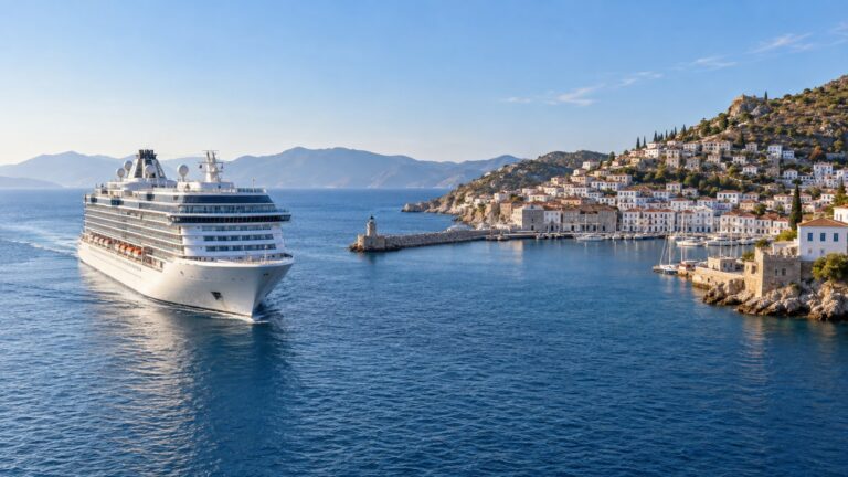 Cruise ship arriving at a Greek island harbor in mild spring light