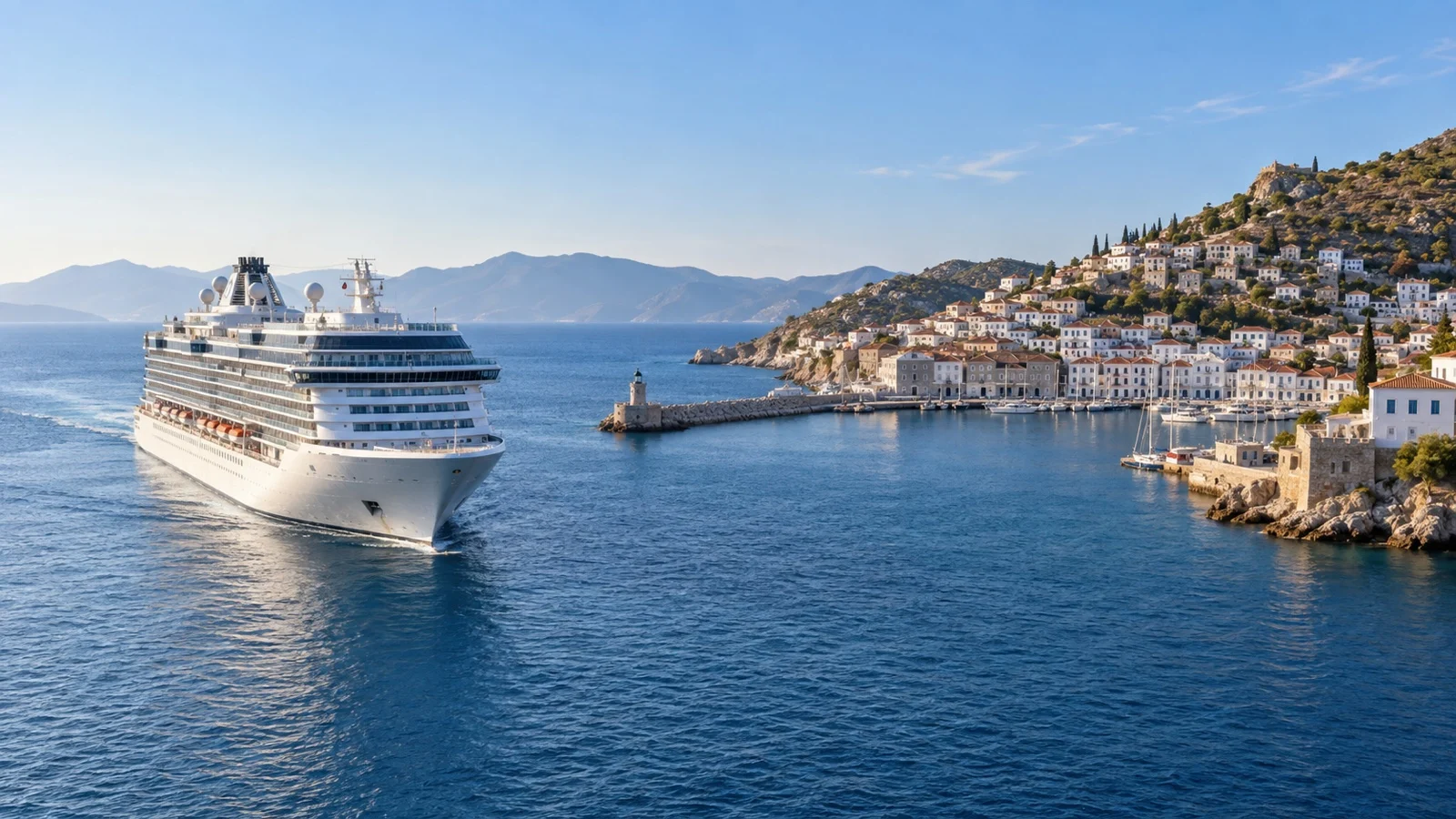 Cruise ship arriving at a Greek island harbor in mild spring light