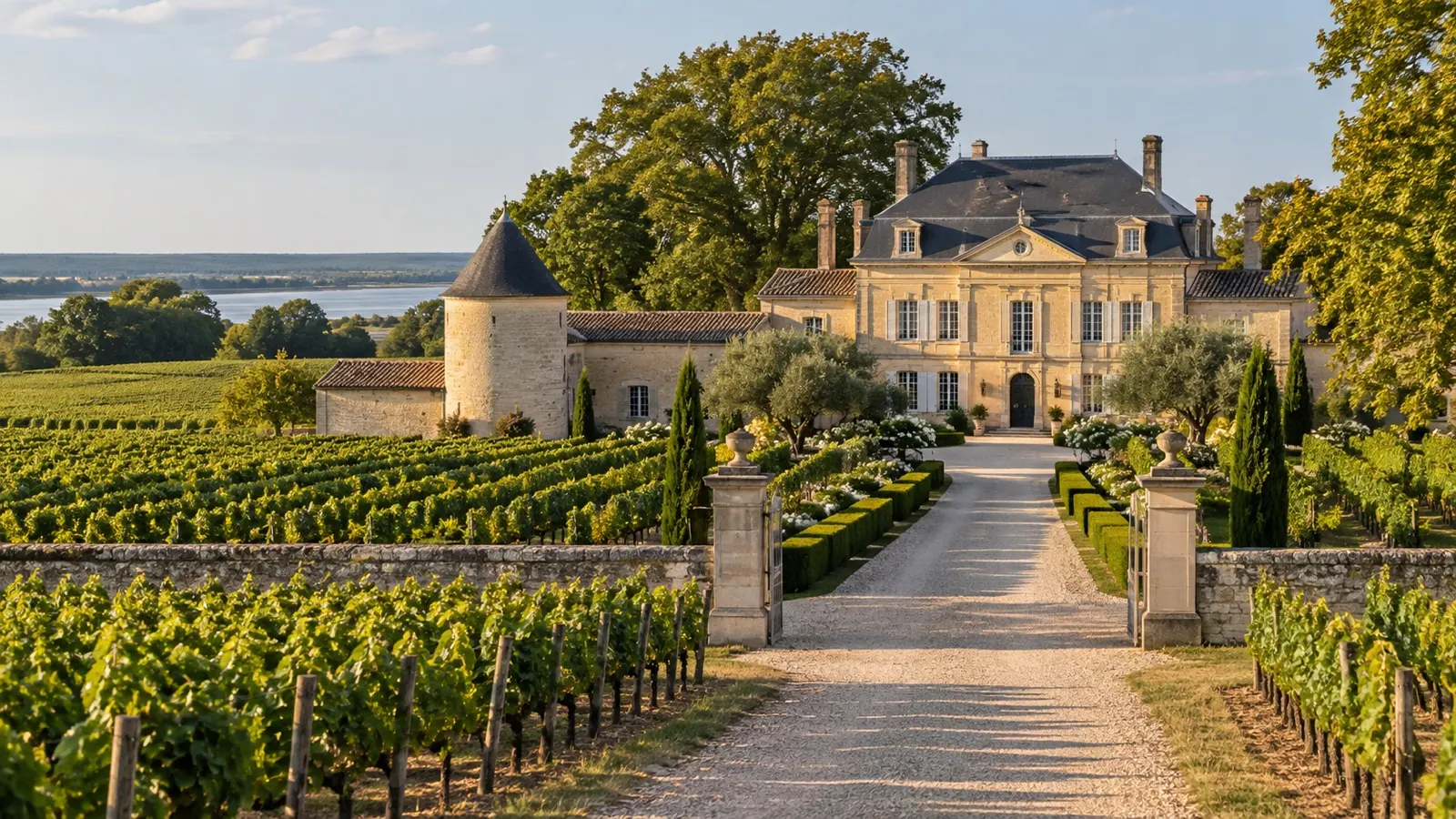 Rows of Médoc grapevines leading to a stone Bordeaux château
