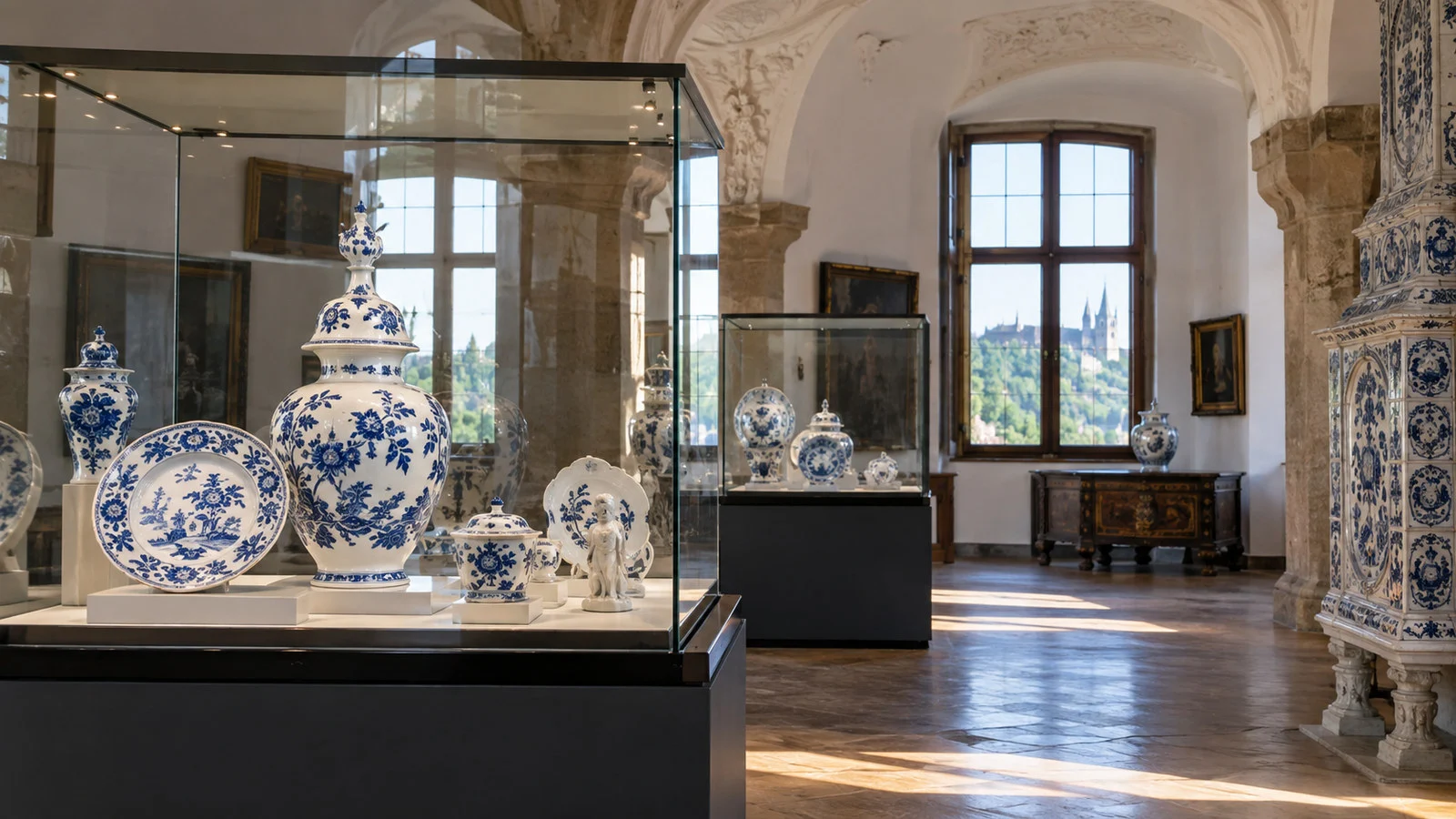 Delicate blue and white Meissen porcelain displayed in a historic museum interior