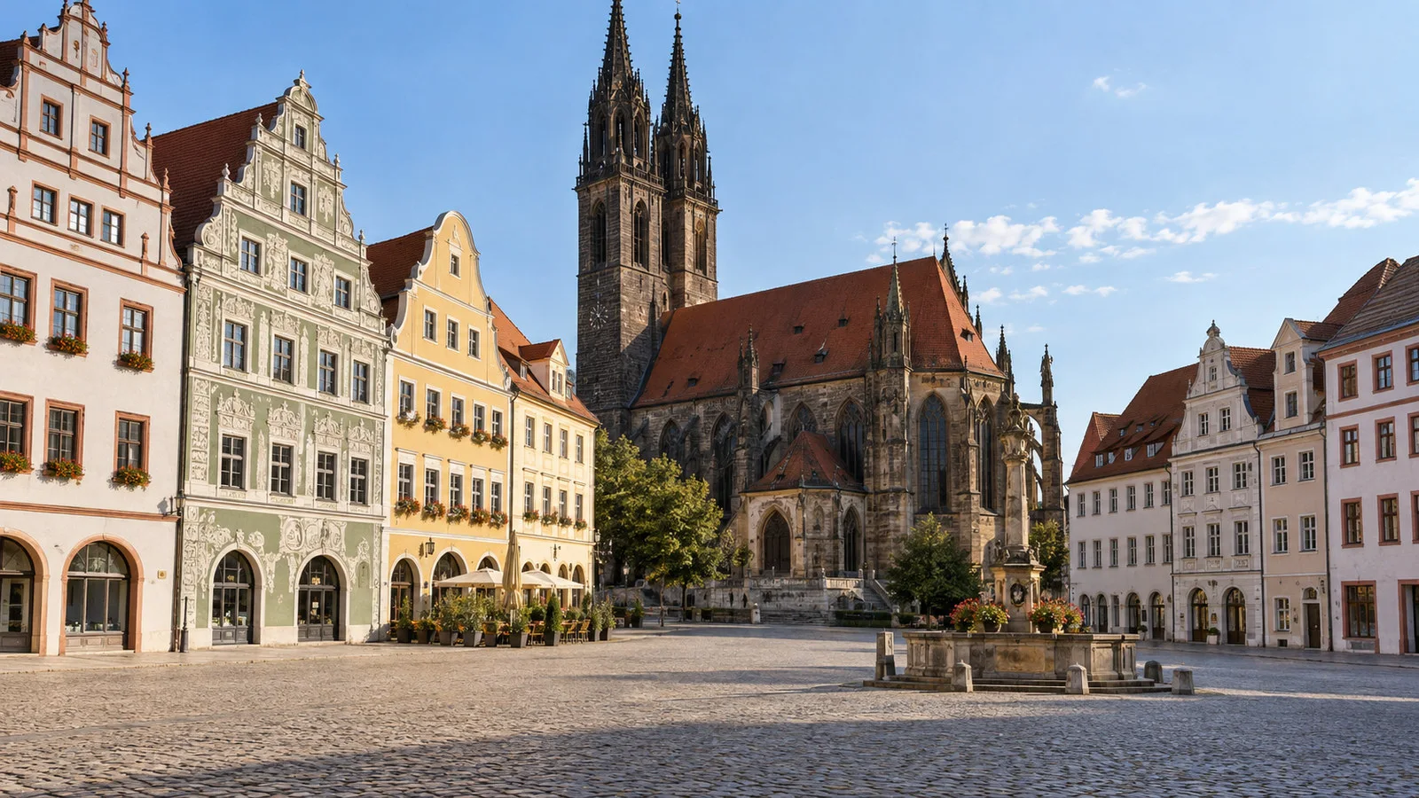 Meissen Market Square with Frauenkirche church and Renaissance facades