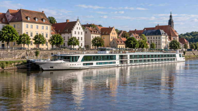 River cruise hotel ship moored at Meissen’s Elbe quay beside historic old town buildings