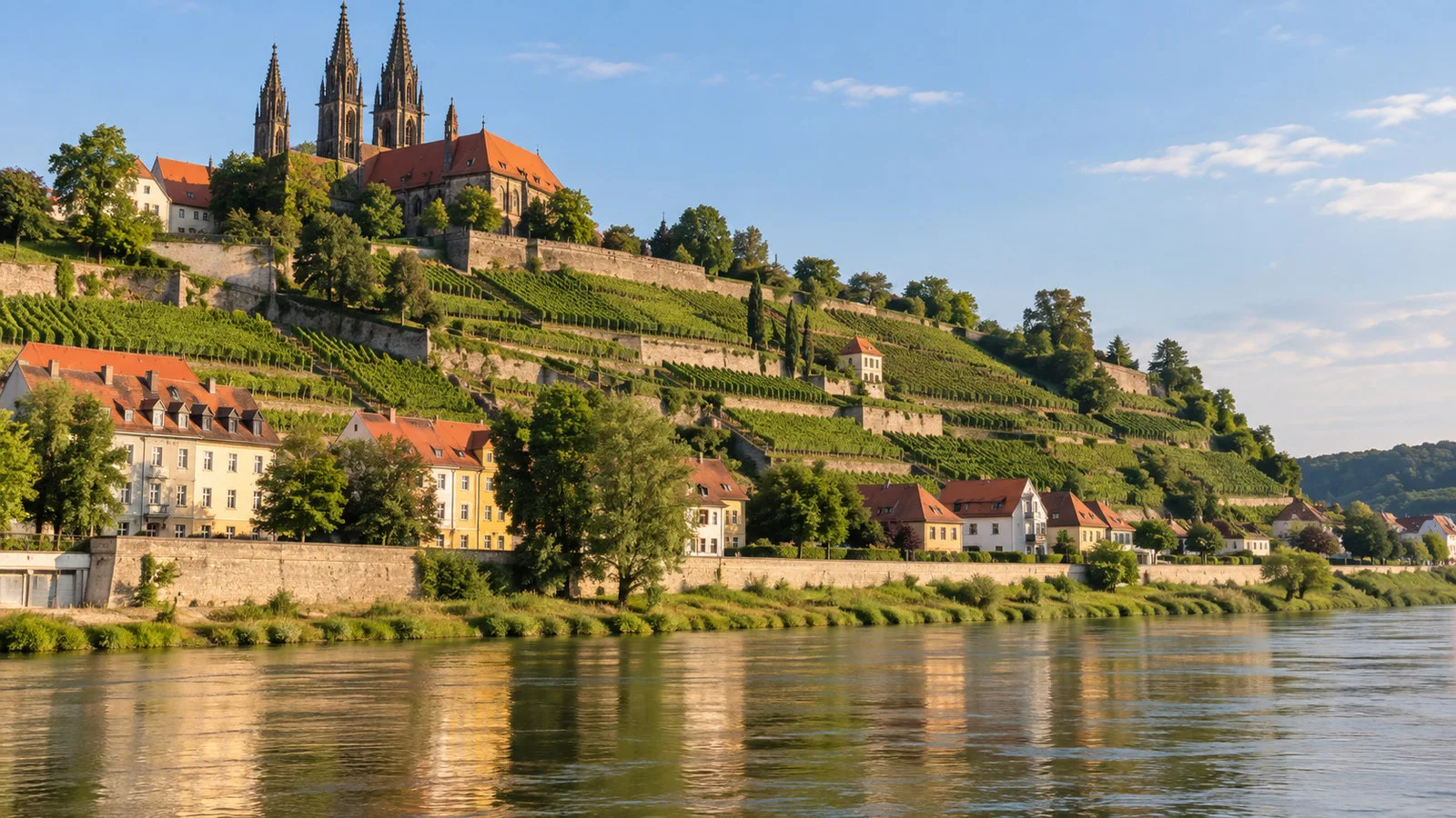 Vineyard slopes above the Elbe near Meissen in warm late-summer light