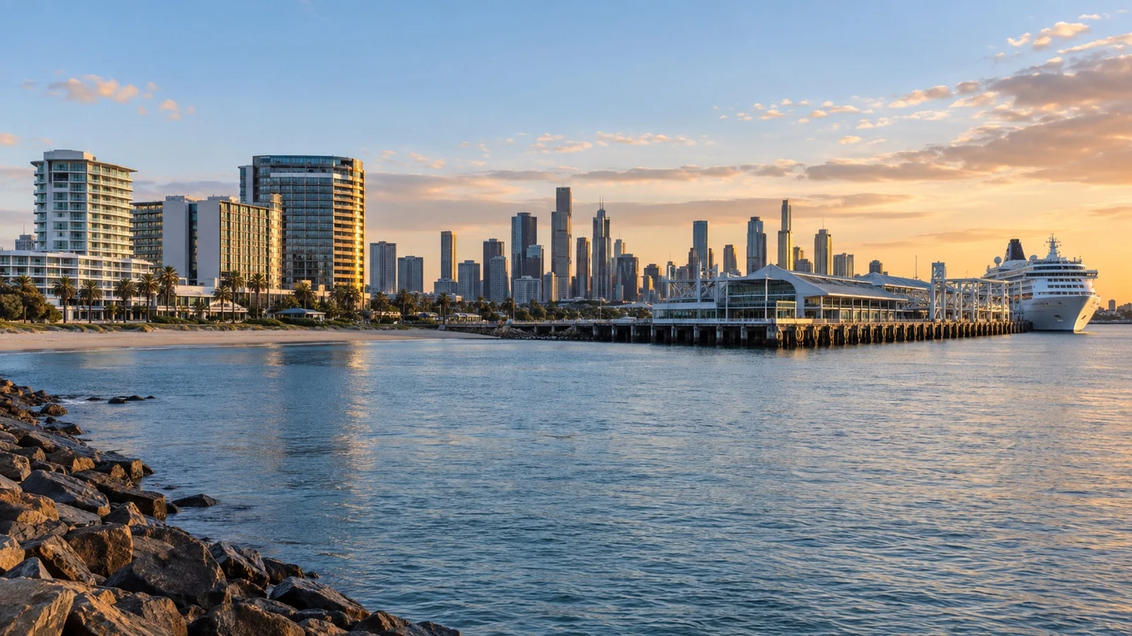 Panoramic Port Melbourne waterfront with Station Pier, city hotels and bay water