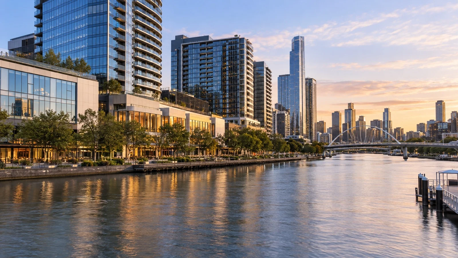 Melbourne South Wharf with riverside hotels, modern buildings and Yarra River