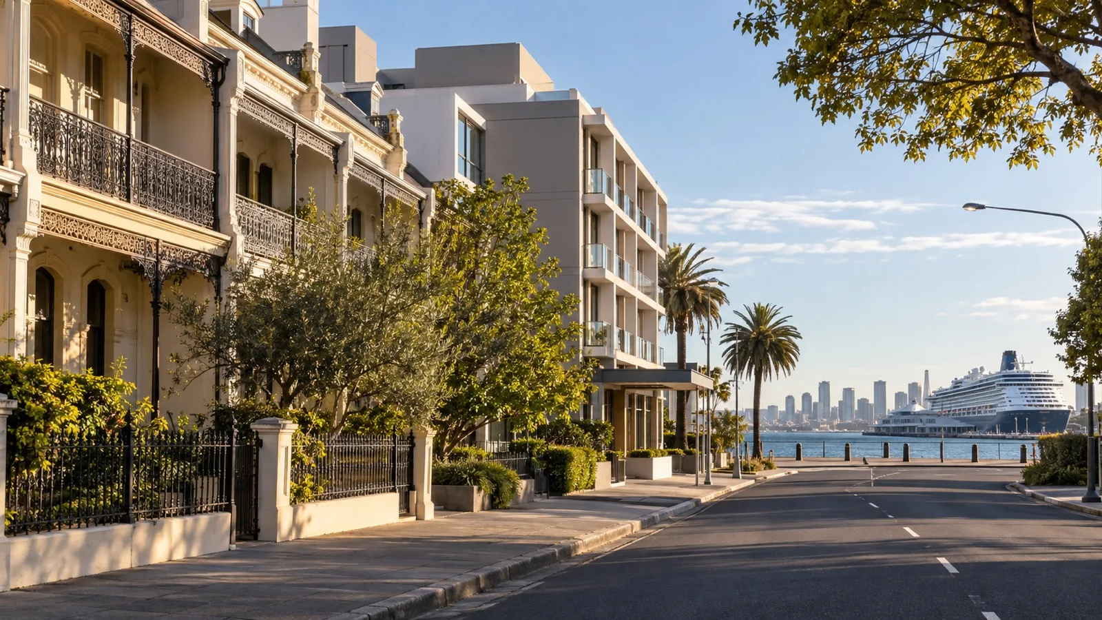Port Melbourne neighborhood street with practical hotels, Victorian terraces and coastal light
