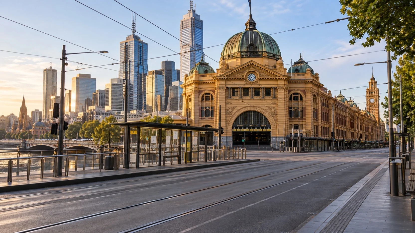 Empty tram route beside Melbourne's Flinders Street Station