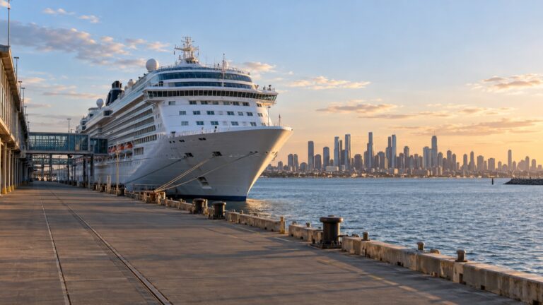 Cruise ship at Melbourne's Station Pier with city skyline