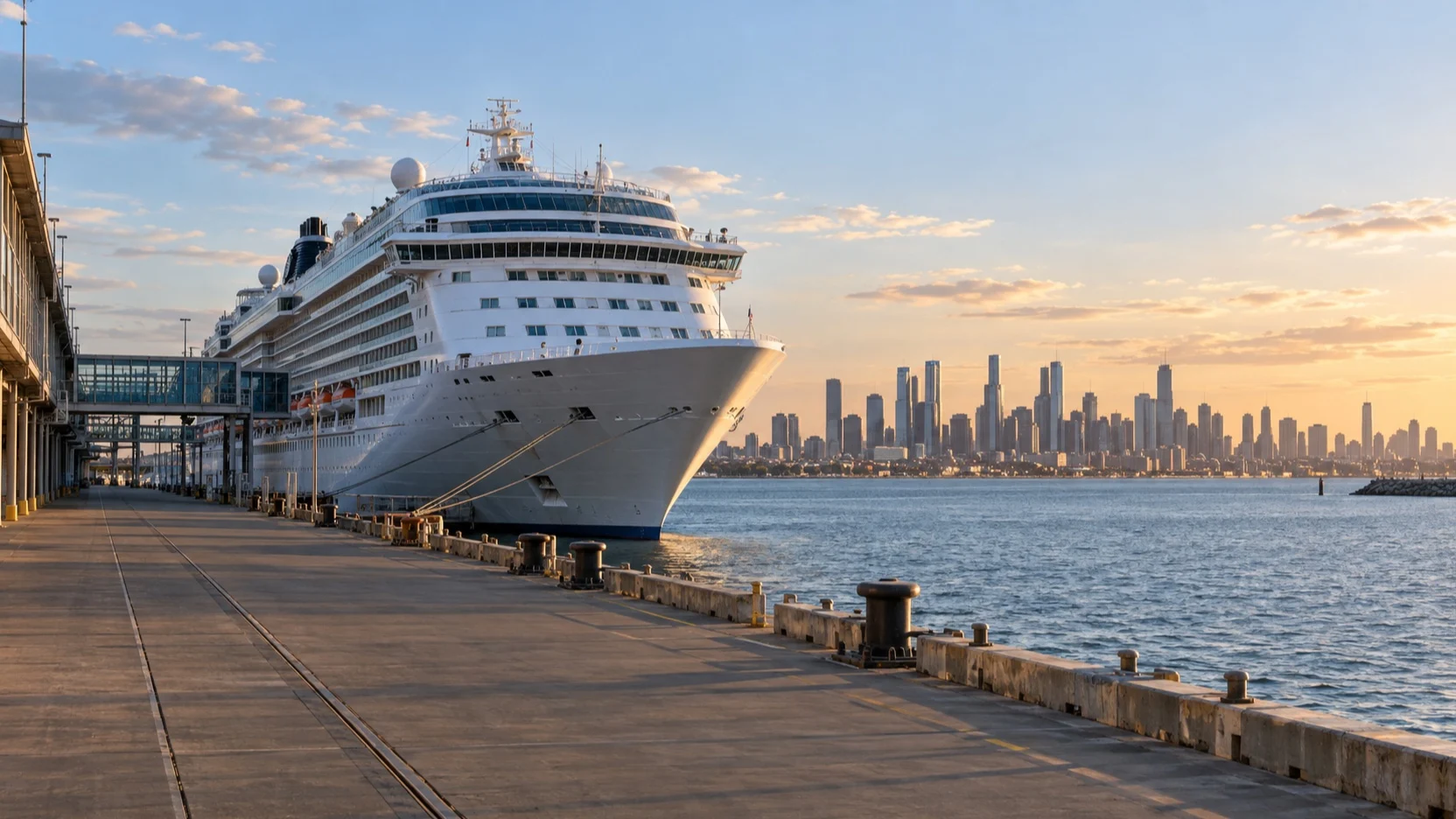 Cruise ship at Melbourne's Station Pier with city skyline