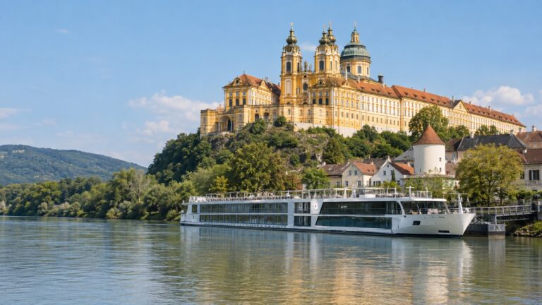 River cruise ship below Melk Abbey
