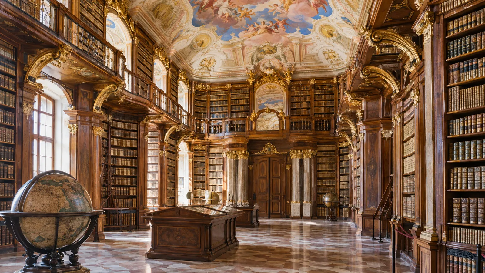 Historic library room and frescoed ceiling inside Melk Abbey